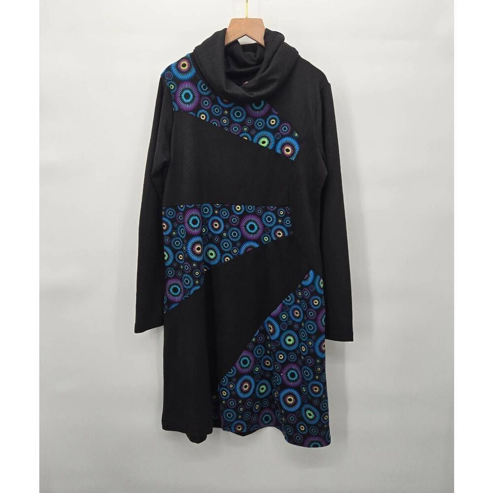 Coline Cowl Neck Dress Size Large Artsy Art to Wear Black Blue Long Sleeve